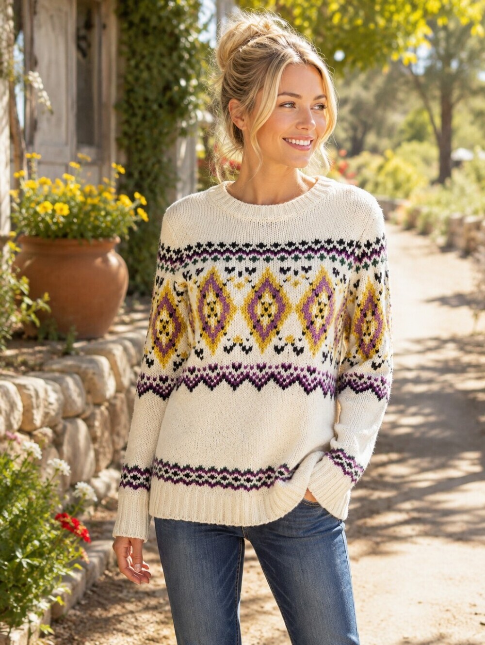 Talbots very soft knit wool blend Intarsia Fair Isle sweater